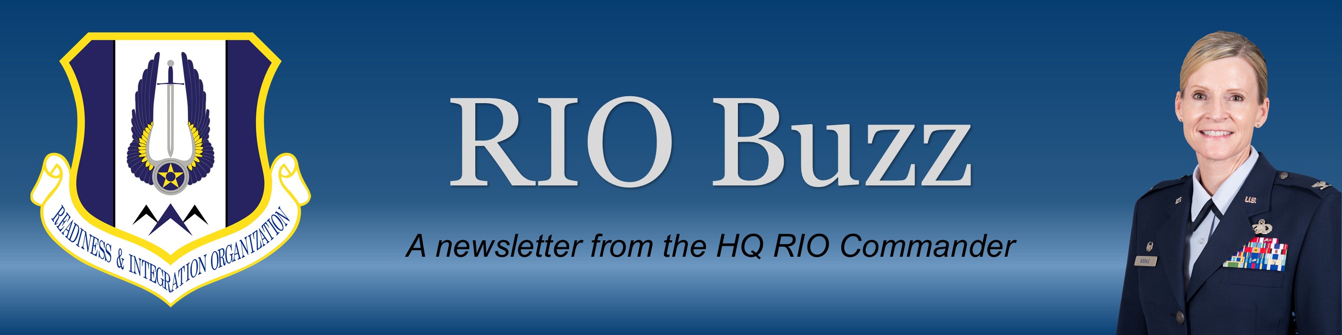 RIO Buzz banner with shield and commander's photo